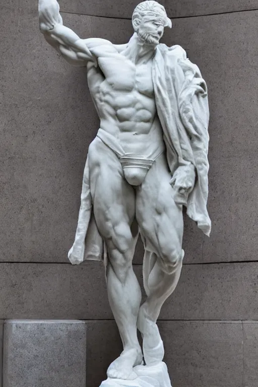 Image similar to marble sculpture of man in Adidas winter jacket, sportswear holding a marble vodka bottle, intricate sculpture, chiseled muscles, godlike, museum photo