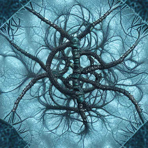 Image similar to a daguerreotype depicting precise details of microscopic shoggoth nanomachines in a fractal neuronal mycelial network, unreal engine cinema 4 d photorealism volumetric lighting