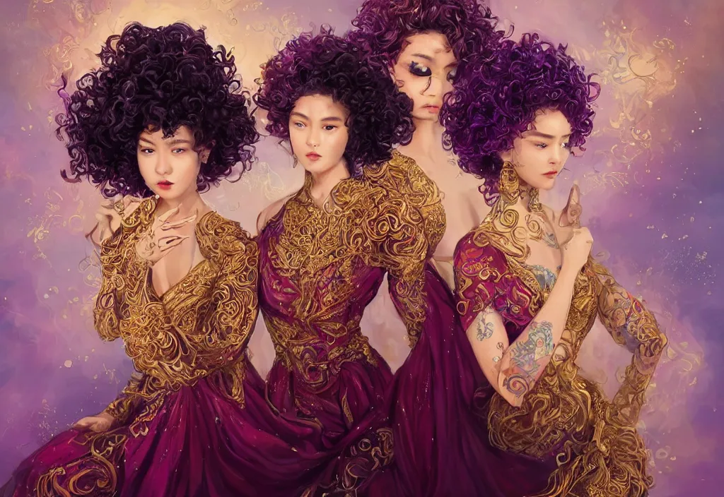 Prompt: full body portrait of a trio of 1 9 years old girl figures, curly messy high bun hairstyle, oriental tattoos, subject wearing a gold and ruby high fashion gown, colorful, flowing, ornate, beautiful, cinematic lighting, highly detailed, digital painting,, dramatic earth colors, with few vivid purple highlights, by ross tran and wlop, artstation, pixiv