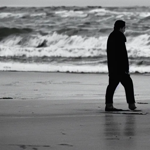 Prompt: Documentary film, long shot, one man walking on the beach