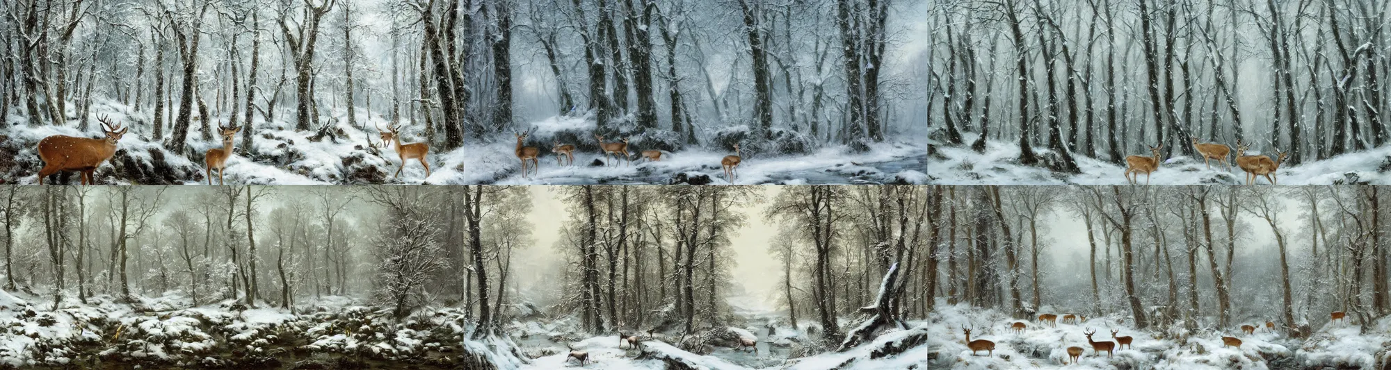 Prompt: Landscape of a winter forest, snowing, deer, icicles, waterfall August Piepenhagen