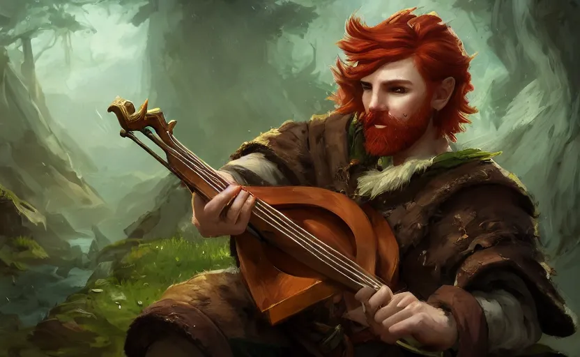 Prompt: amazing masterclass portrait of a male redhead bard, green clothes, wooden lute, hearthstone splash art, deiv calviz, splash art, natural light, elegant, intricate, fantasy, atmospheric lighting, by greg rutkowski, hearthstone splash art, hd wallpaper, ultra high details, cinematic composition, professional master piece made in one year