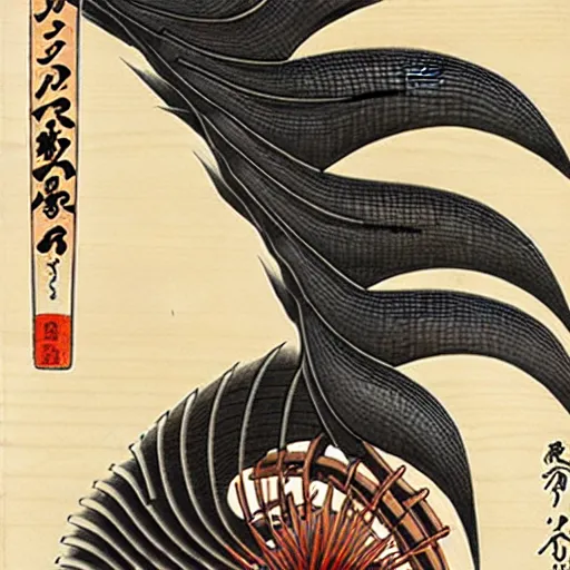 Image similar to biomechanical ukiyo - e woodblock, very detailed, hyperrealistic