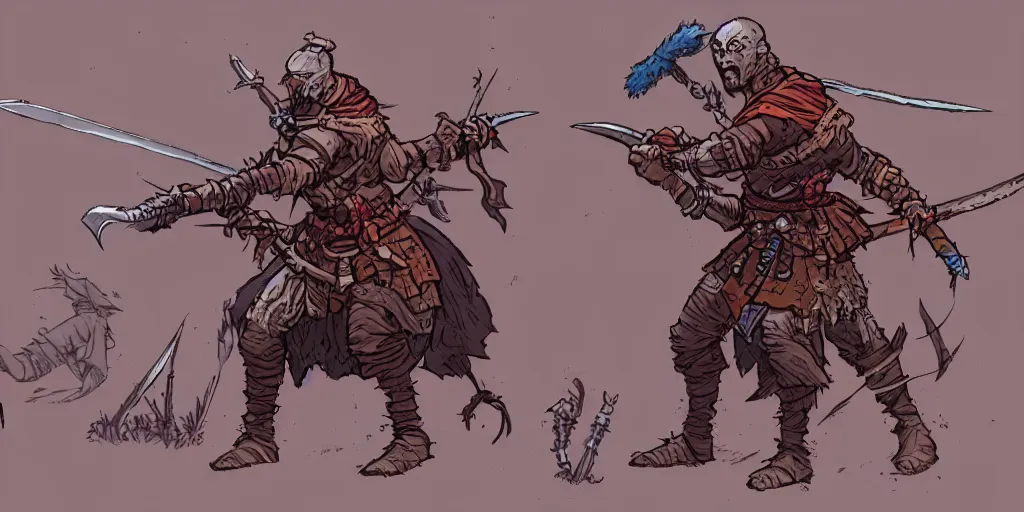 Image similar to warrior character design, idle, colored, sword, sprite, darkest dungeon, pc game, sideview, art by moebius and greg rutkowski.
