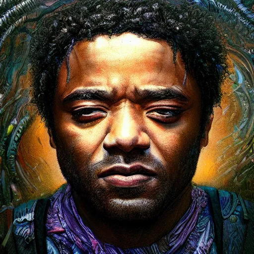 Prompt: portrait of chiwetel ejiofor, hyper detailed masterpiece, neon floral pattern, jean giraud, digital art painting, darkwave goth aesthetic, psychedelic, artgerm, donato giancola and tom bagshaw