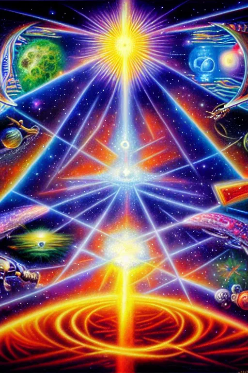 Prompt: a photorealistic detailed image of the galactic federation of light, spiritual evolution, science, divinity, utopian, triumphant, cinematic, mathematics, futuristic, by jason felix, david a. hardy, kinkade, lisa frank, wpa, public works mural, socialist