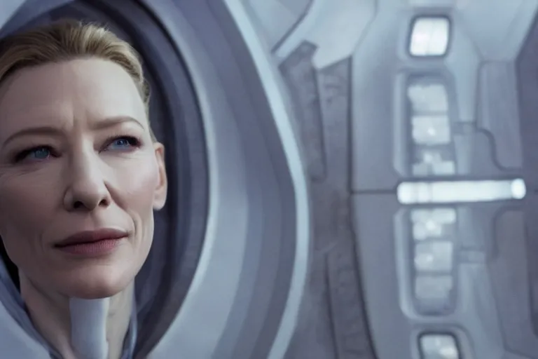 Image similar to cate blanchett on the bridge of a starship,cyborg, 4k, movie still