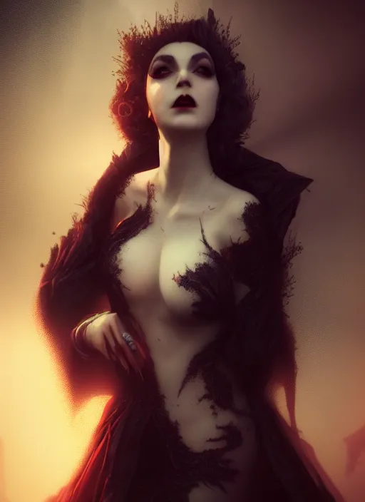 Prompt: realistic matte painting, full length portrait, the duchess of blood owns the las vegas night, vampire, highly detailed, CGsociety, subtle, concept art, HDR, hyper realistic, volumetric lighting, subsurface scattering, unreal