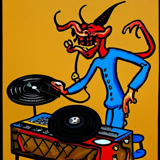 Image similar to painting of the devil as a dj with hand on record spinning