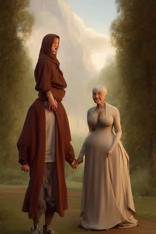 Image similar to Pete Davidson As A Short Midget Being Walked By Kim Kardashian As An Old Lady illustration, soft lighting, soft details, painting oil on canvas by Edmund Blair Leighton and Charlie Bowater octane render, HDR, trending on artstation, 4k, 8k, HD