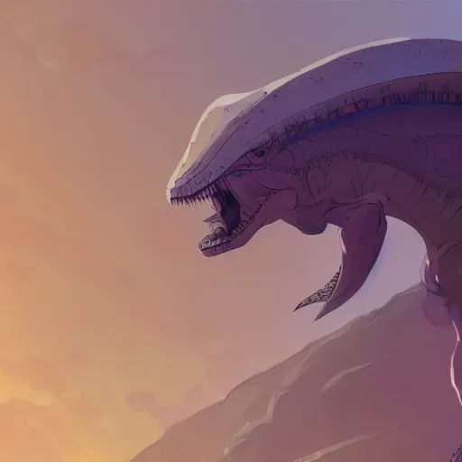 Image similar to concept art painting of alien dinosaurs, detailed, cel shaded, in the style of makoto shinkai and moebius and james gurney