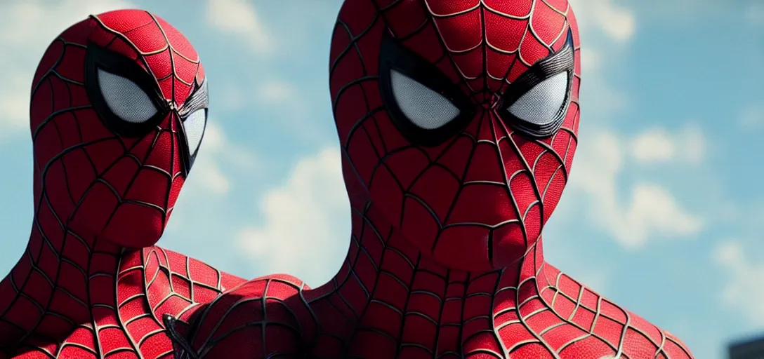 Prompt: Gigachad Spider-Man unmasked, film still, wide-shot, full shot, cinematic lens, heroic portrait