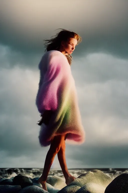 Image similar to high quality pastel coloured film close up wide angle photograph of a model wearing clothing resting on cloud furniture in a icelandic black rock!! environment in a partially haze filled dreamstate world. three point light, rainbow. photographic production. art directed. pastel colours. volumetric clouds. pastel gradient overlay. waves glitch artefacts. extreme facial clarity. 8 k. filmic.