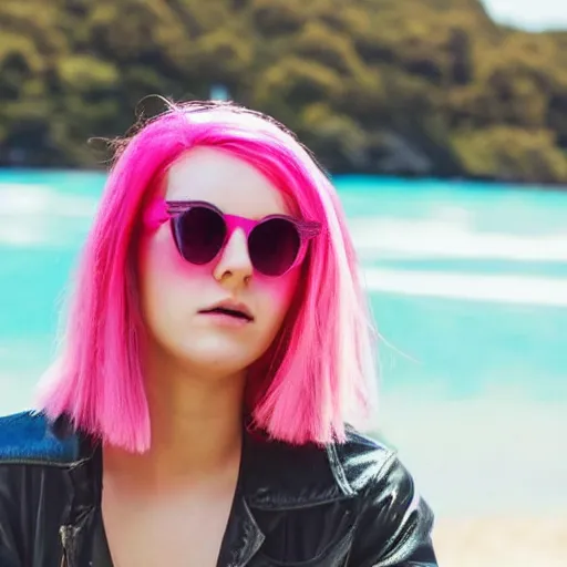 Prompt: a girl with pink hair and sunglasses