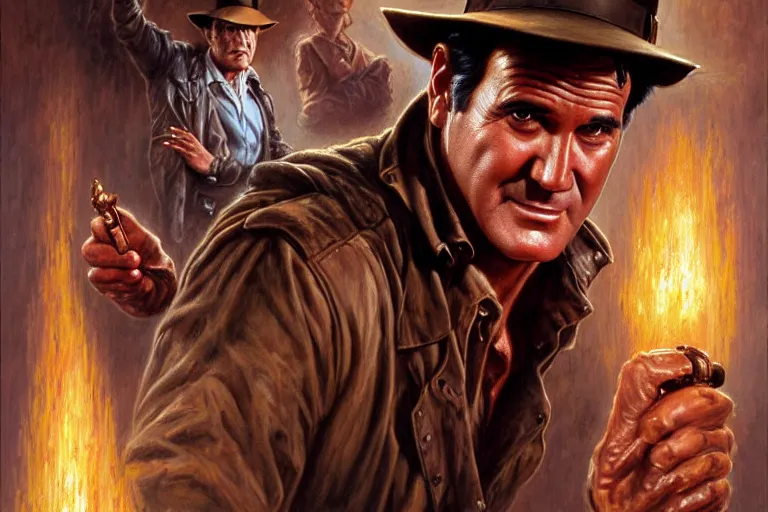 Image similar to portrait of bruce campbell as indiana jones in the temple of doom ( 1 9 8 4 ). oil painting elegant, highly detailed, centered, digital painting, artstation, concept art, smooth, sharp focus, illustration, artgerm, tomasz alen kopera, peter mohrbacher, donato giancola, joseph christian leyendecker, drew struzan