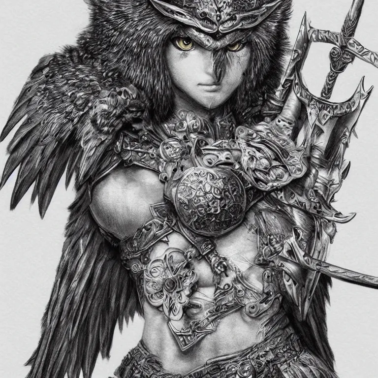 Prompt: muscular female owl warrior, realistic proportions, sharp focus, beautiful face, wearing feather armor, wielding an owl broadsword, symmetrical, highly detailed, engraving kentaro miura manga art style trending on artstation 8 k