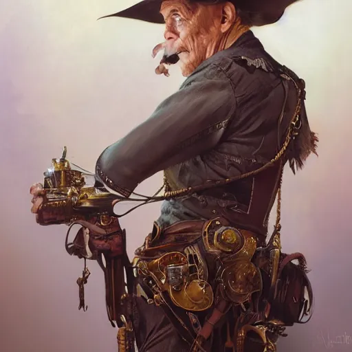 Image similar to charles elmer rip taylor jr, portrait, western, steampunk, flamboyant duster, fantasy, intricate, elegant, highly detailed, digital painting, artstation, concept art, sharp focus, illustration, art by artgerm and greg rutkowski and alphonse mucha