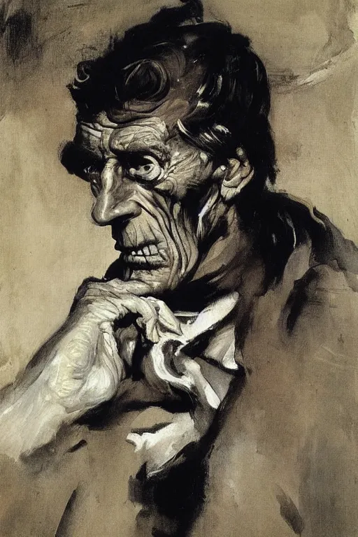 Image similar to menacing portrait of Samuel Beckett emerging from the dark void, figure in the darkness, painted by Eugène Delacroix, John Singer Sargent, Adrian Ghenie, Francis Bacon,