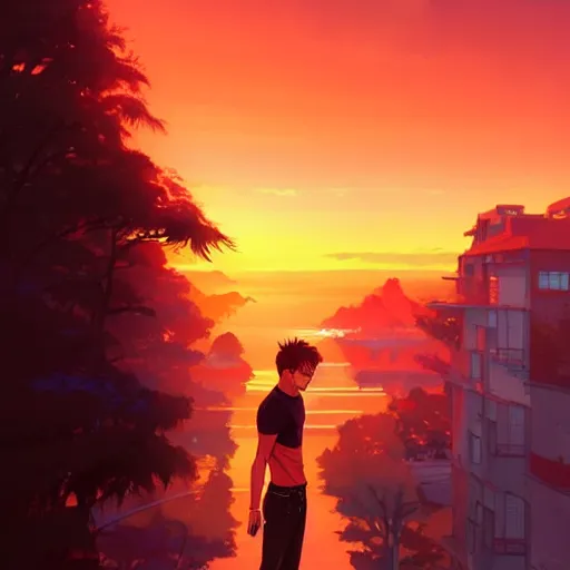 Prompt: Paul Wesley, sunset background, intricate, highly detailed, digital painting, artstation, official media, anime key visual, concept art, rich vivid colors, ambient lighting, sharp focus, illustration, art by Artgerm, Makoto Shinkai, Ilya Kuvshinov, Lois Van Baarle, and Rossdraws