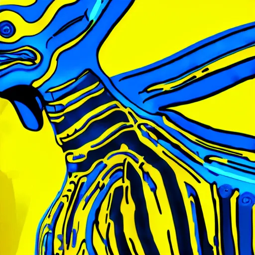 Image similar to human man that resembles a wasp morh in surreal sketch style, blue and yellow gradient, noise, ultrafine detail, hd 8k, logo illustration