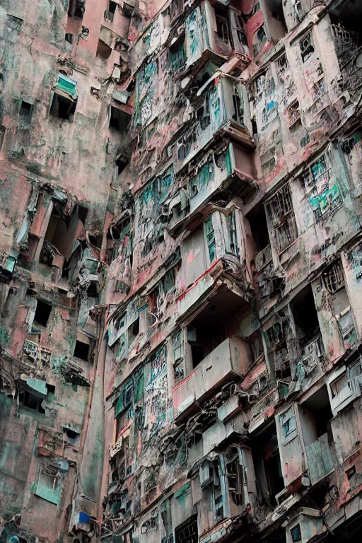 Image similar to long shot of a robot climbing up the side of kowloon walled city, photograph of a climbing robot