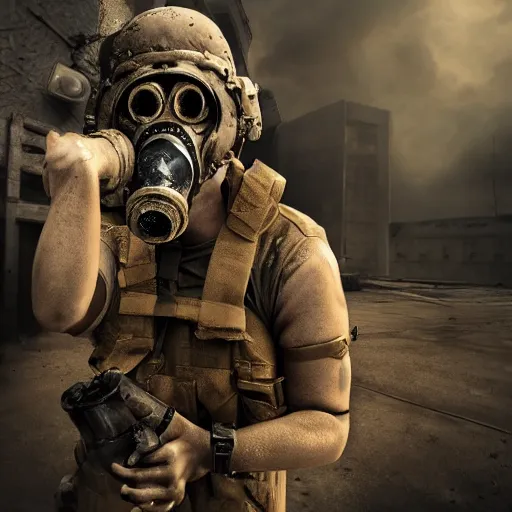 Image similar to military zombie with pig body type in broken gasmask, details face, photo, bloody eyes, unreal engine, digital, artstation, detailed body, heavenly atmosphere, digital art, overdetailed art, trending on artstation, cgstudio, the most beautiful image ever created, dramatic, award winning artwork, beautiful scenery