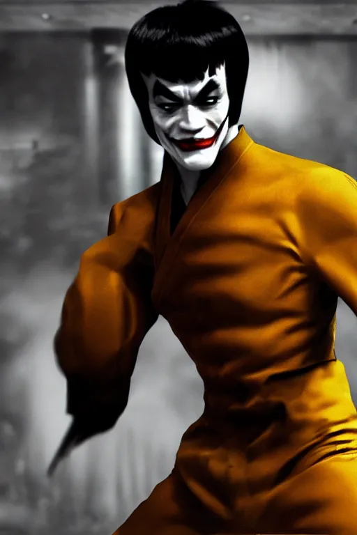 Prompt: A still of Bruce Lee as Joker in The Dark Knight 2008, close-up, sigma male, rule of thirds, award winning photo, unreal engine, studio lighting, highly detailed features, Gotham setting