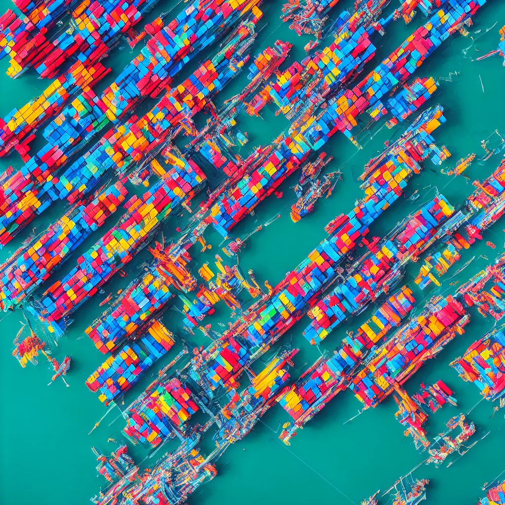Image similar to colorful construction site with pools of bright blue water, colorful shipping containers, colorful tugboats, birds eye view