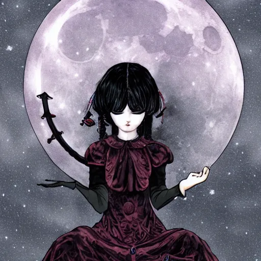 Image similar to goth girl wearing a gothic dress and a gas mask meditating in front of the moon drawn by naoko takeuchi, highly detailed, octane render