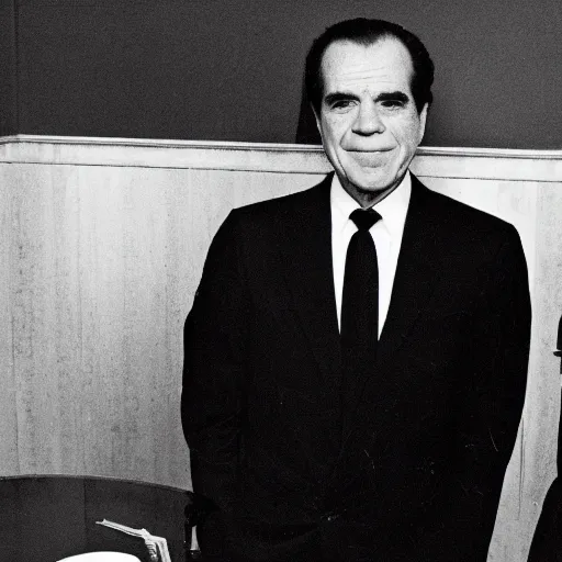 Prompt: Emma watson as president of the united states of America Richard Nixon full on trial for watergate high-quality photography