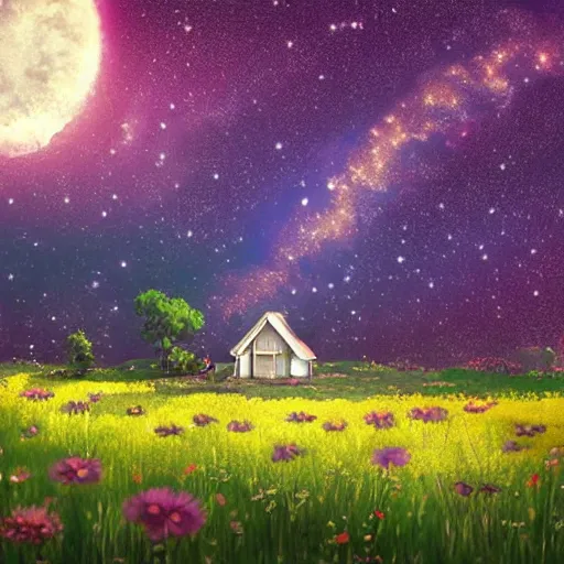 Image similar to A small lonely house in the middle of a flowery field. Beautiful view of the milky way in the night sky. Wide angle shot, award-winning digital art in the anime style by studio Ghibli