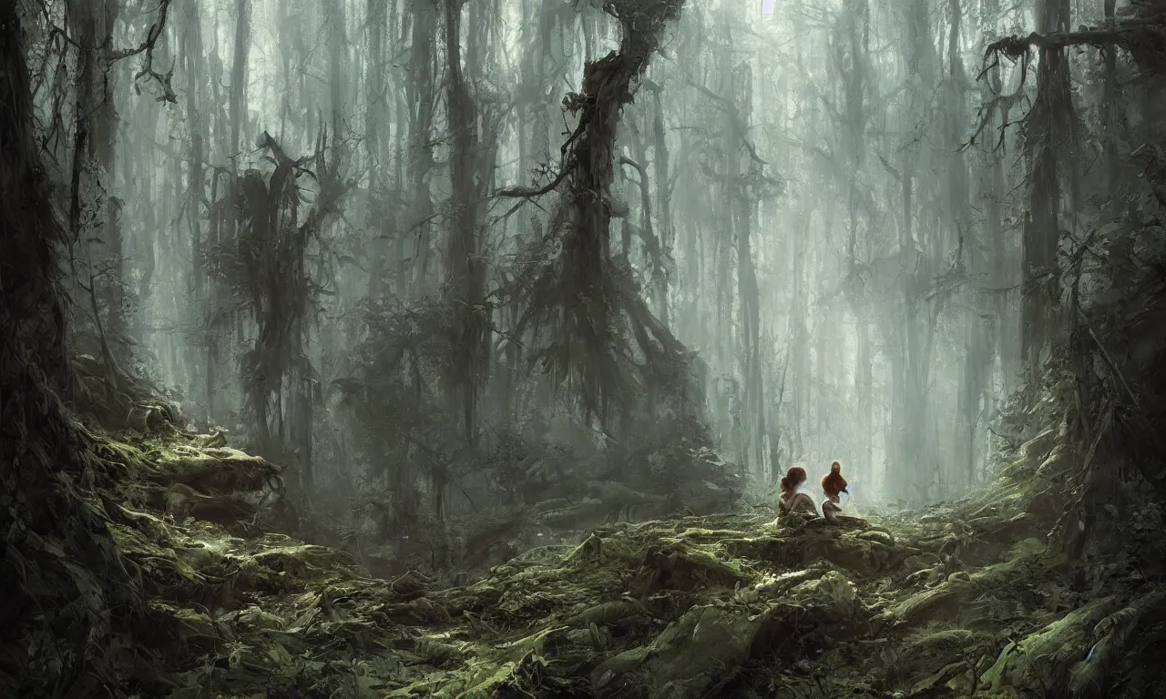 Image similar to a beautiful painting of a weeping kid in the middle of a dense scary forest by John Blanche and Greg Rutkowski, trending on Artstation, midjourney