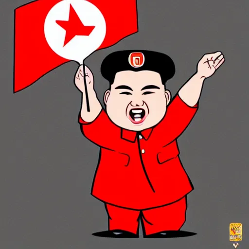 Image similar to screaming kim jong un holding a staff, wearing crown, cartoon character, digital art, fun,