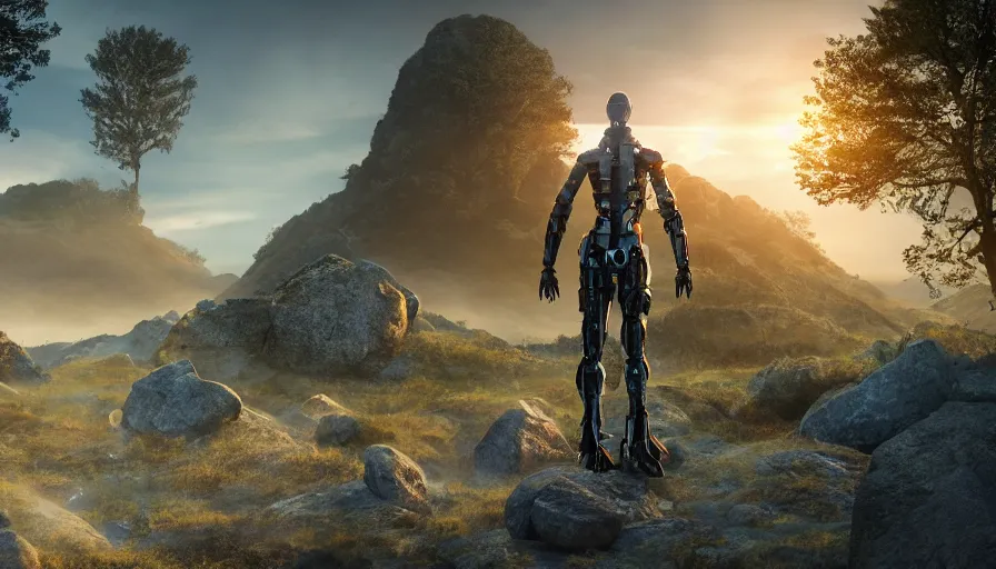 Prompt: futuristic humanoid warrior, full character, single character, cinematic, large scale scene, trees and levitating rocks in the background with sunrise, dramatic back lighting, realistic