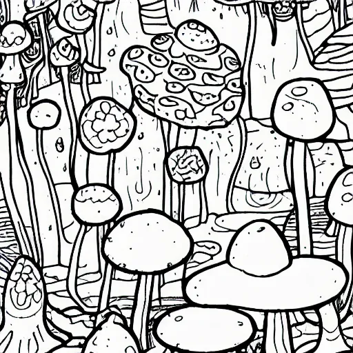 Prompt: an adult coloring page of toadstools in the forest