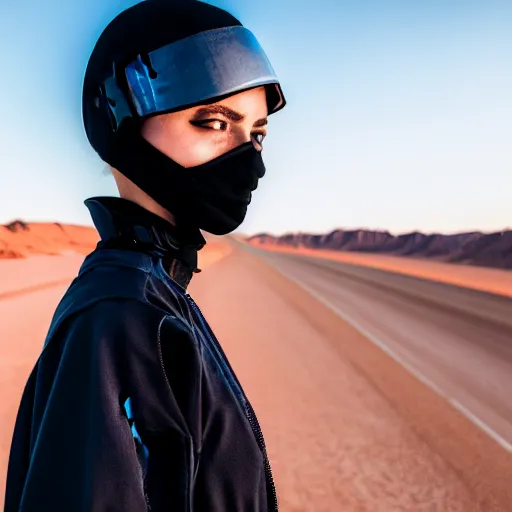 Image similar to photograph of a techwear woman, closeup, on a desert road with a futuristic city in the horizon, sigma 85mm f/1.4, 4k, depth of field, high resolution, 4k, 8k, hd, full color