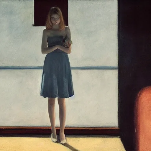 Prompt: elle fanning, ana de armas, anya taylor joy in prey picture by edward hopper, asymmetrical, dark vibes, realistic painting, organic painting, matte painting, geometric shapes, hard edges, graffiti, street art : 2 by edward hopper : 4