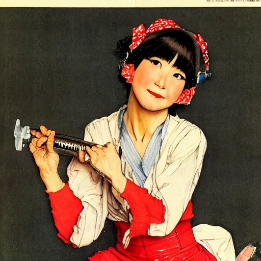 Prompt: A norman rockwell illustration about a japanese 1980 idol singer