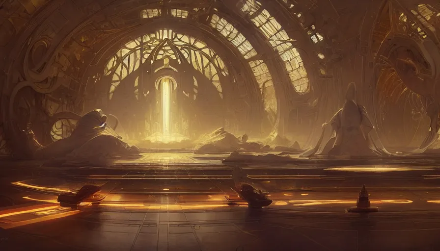 Image similar to a religious scifi room with a floating platform in the center, symmetrical shot, center framing, elegant, cinematic shot, intricate digital painting artstation concept art smooth sharp focus illustration, art by artgerm and greg rutkowski and alphonse mucha