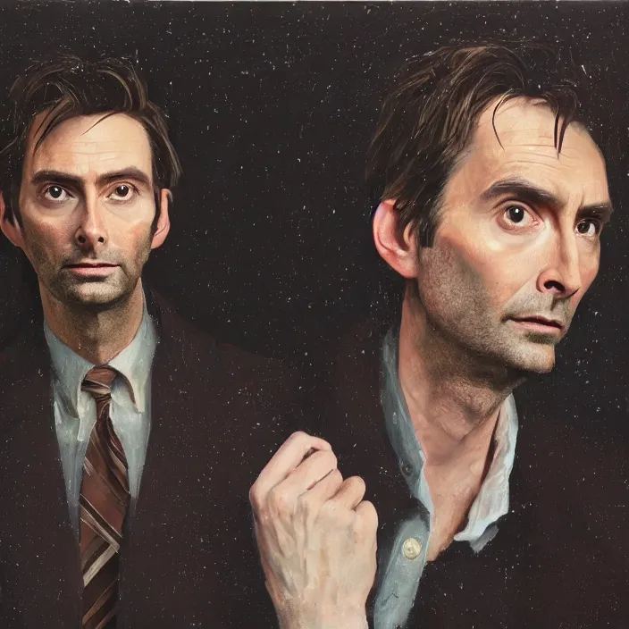 Prompt: a portrait of david tennant, calm, dramatic, dark background, by by lauren brevner, by lizzie riches, by chuck close