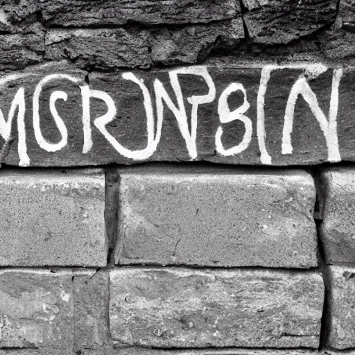 Prompt: inscription gm! on a stone wall in a poor area, black and white