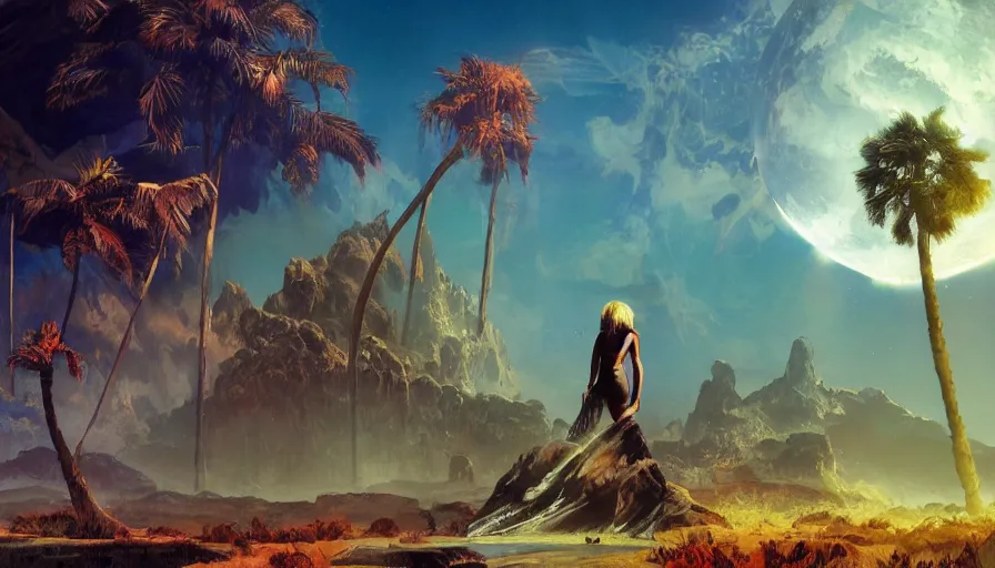 Image similar to frank frazetta art, science fiction landscape, glowing woman from space, giant soft creatures, multicolored palm trees, crystal water fall, space ship sphere, deviant art, unreal engine, realistic shading, realistic render, octane render, detailed textures, photorealistic, wide shot