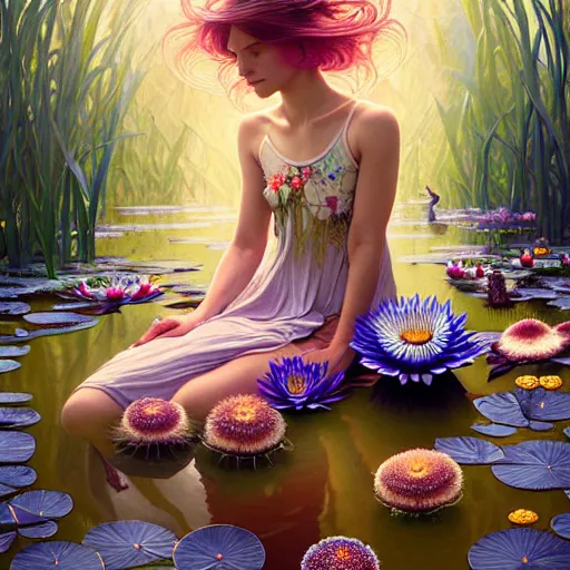 Prompt: Portrait of a girl surrounded by flowers and morphing into mushrooms while sitting at a pond with waterlilies, face, fantasy, intricate, elegant, highly detailed, digital painting, artstation, concept art, smooth, sharp focus, illustration, art by Fernanda Suarez and Artem Demura and alphonse mucha