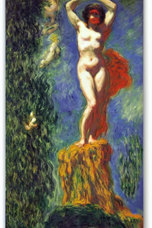 Prompt: Prometheus by Salome with the Head of John the Baptist, background by Claude Monet