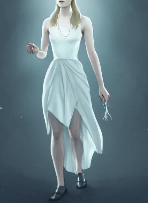 Prompt: goddess, Evan Rachel Wood, pale, holy, gorgeous, white dress, symmetrical face, high fantasy, concept art, Disco Elysium, warm lighting