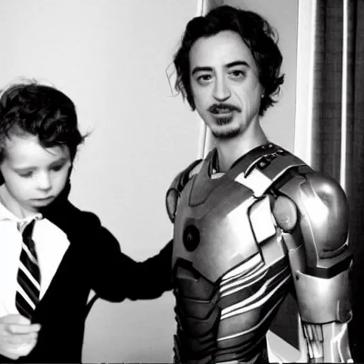 Image similar to photo of young robert downey jr putting in a brown cardboard fake ironman costume, helmet off