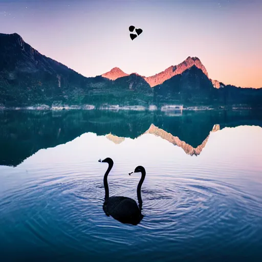 Image similar to photo of two black swans swimming in a beautiful reflective mountain lake, touching heads, forming a heart with their necks, a colorful hot air balloon is flying above the swans, hot air balloon, intricate, 8k highly professionally detailed, HDR, CGsociety