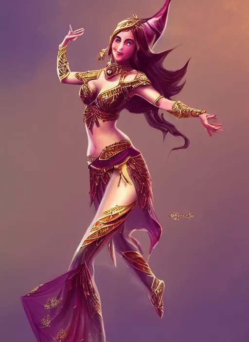 Prompt: a highly detailed illustration of an elegant elf arabian dancer, gracefully belly dancing pose, waving arms, intricate, elegant, highly detailed, centered, digital painting, artstation, concept art, smooth, sharp focus, league of legends concept art, WLOP