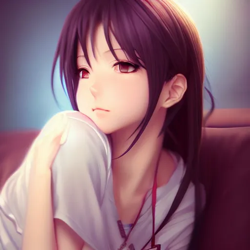 Image similar to beautiful serene intricate portrait of a realistic anime girl, smiling softly, wearing casual clothes, relaxing on the couch, interior lighting, cozy living room interior, soft focus, 8 k, art by irakli nadar, hyperrealism, hyperdetailed, ultra realistic