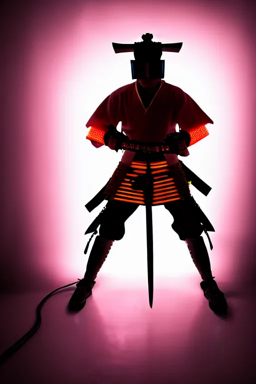 Prompt: slow shutter speed photo of a cyberpunk samurai with neon katana, fusion lamps